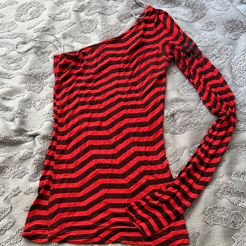 Miss Sixty Red and Black Striped One-Shoulder Top
